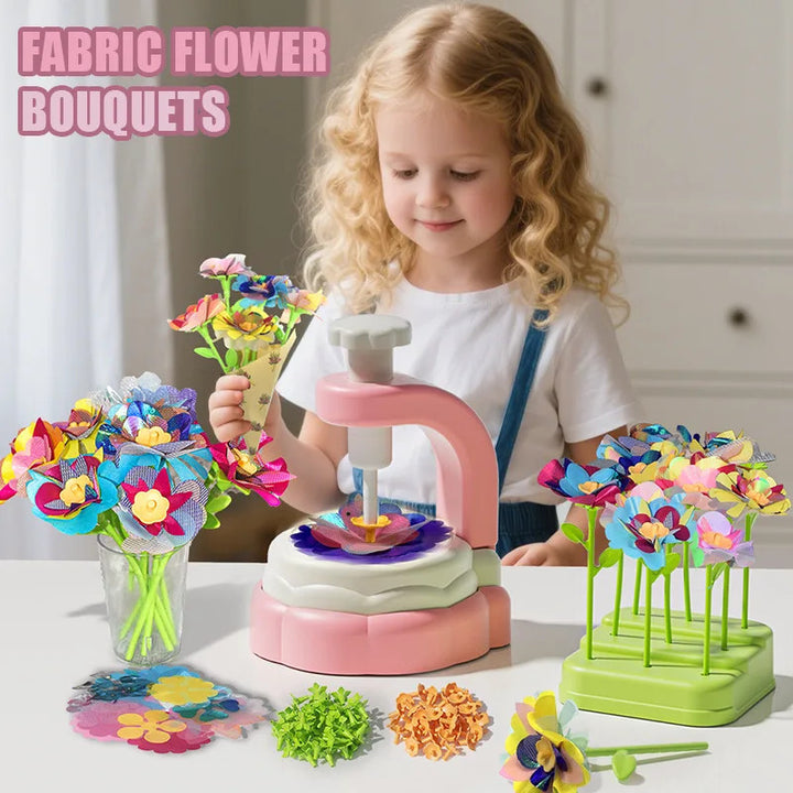 DIY flower bouquet craft kit for kids making colourful fabric flowers with a press machine for creative play