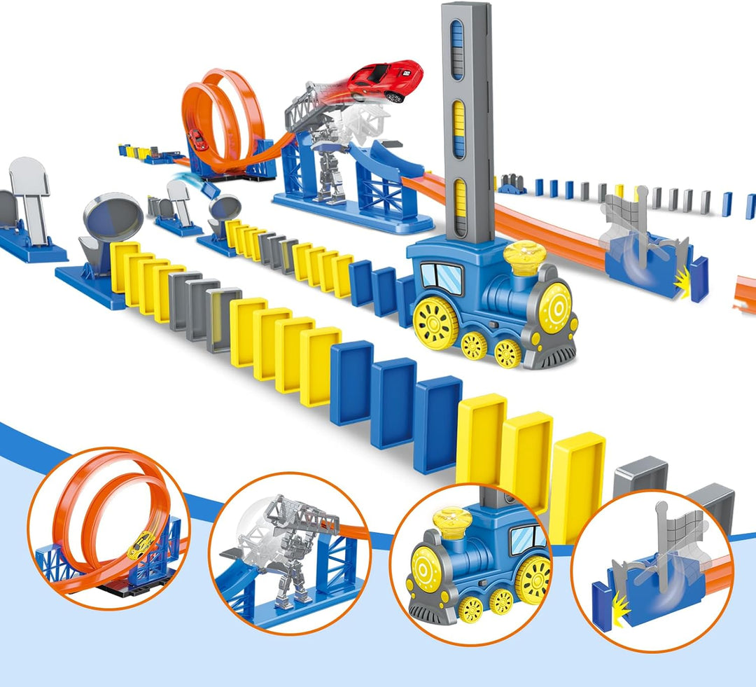 Domino track and chain reaction set for kids building tumbling runs and exploring cause and effect