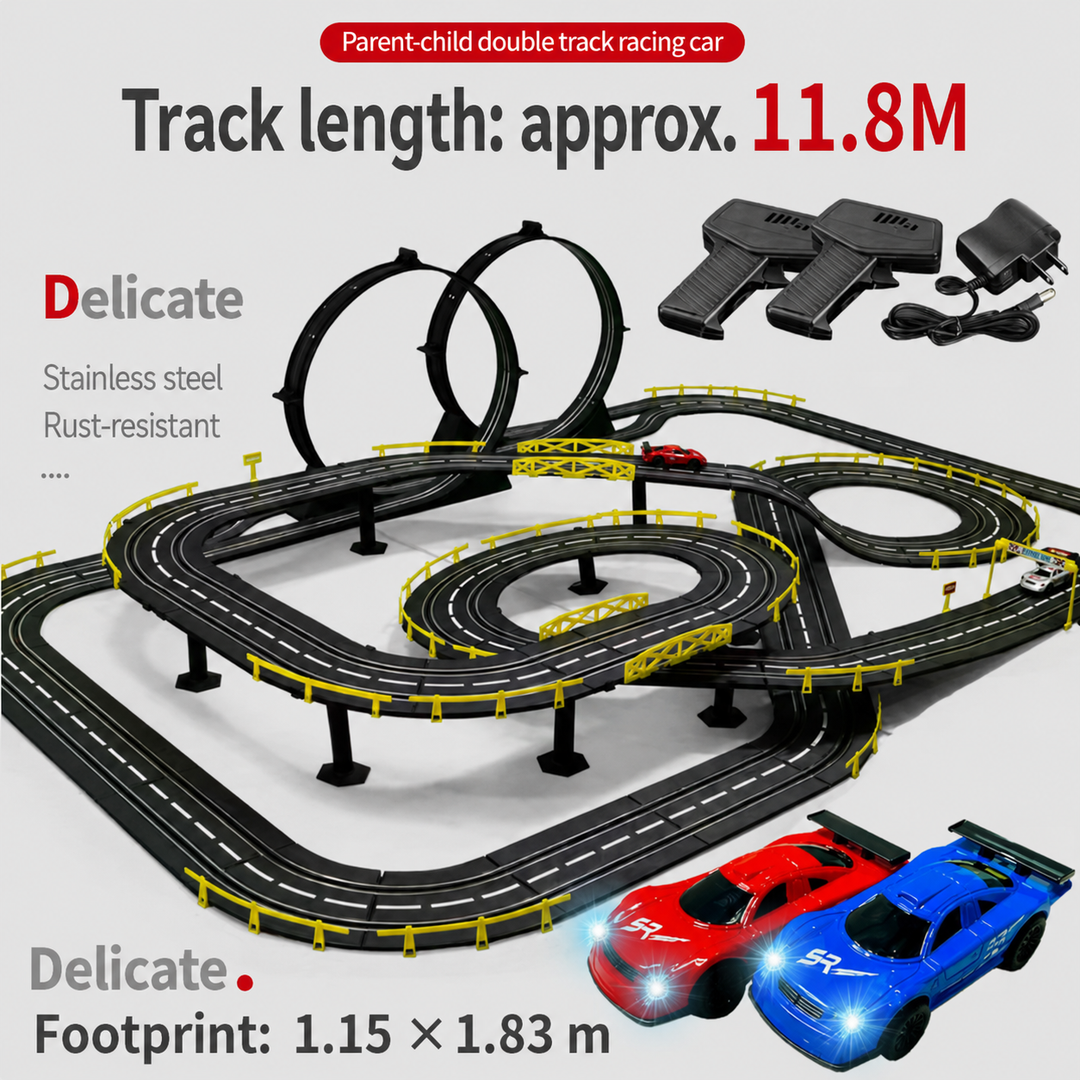 11.8m dual lane electric racing track set with four cars and speed controllers for building and racing
