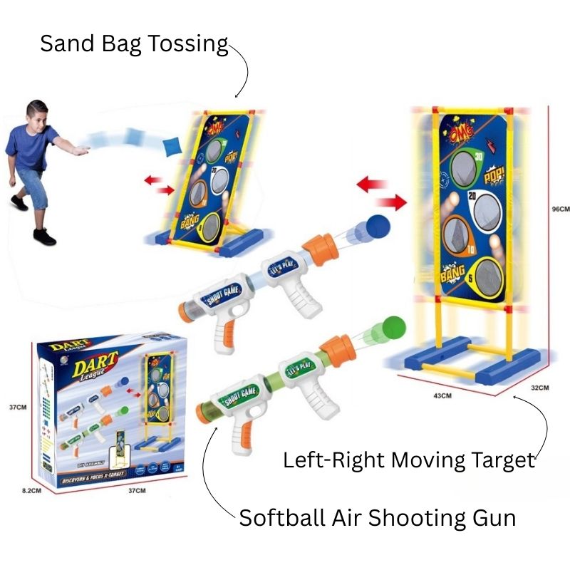 Dynamic target blaster and bean bag toss game with foam ball shooters for active indoor and outdoor play