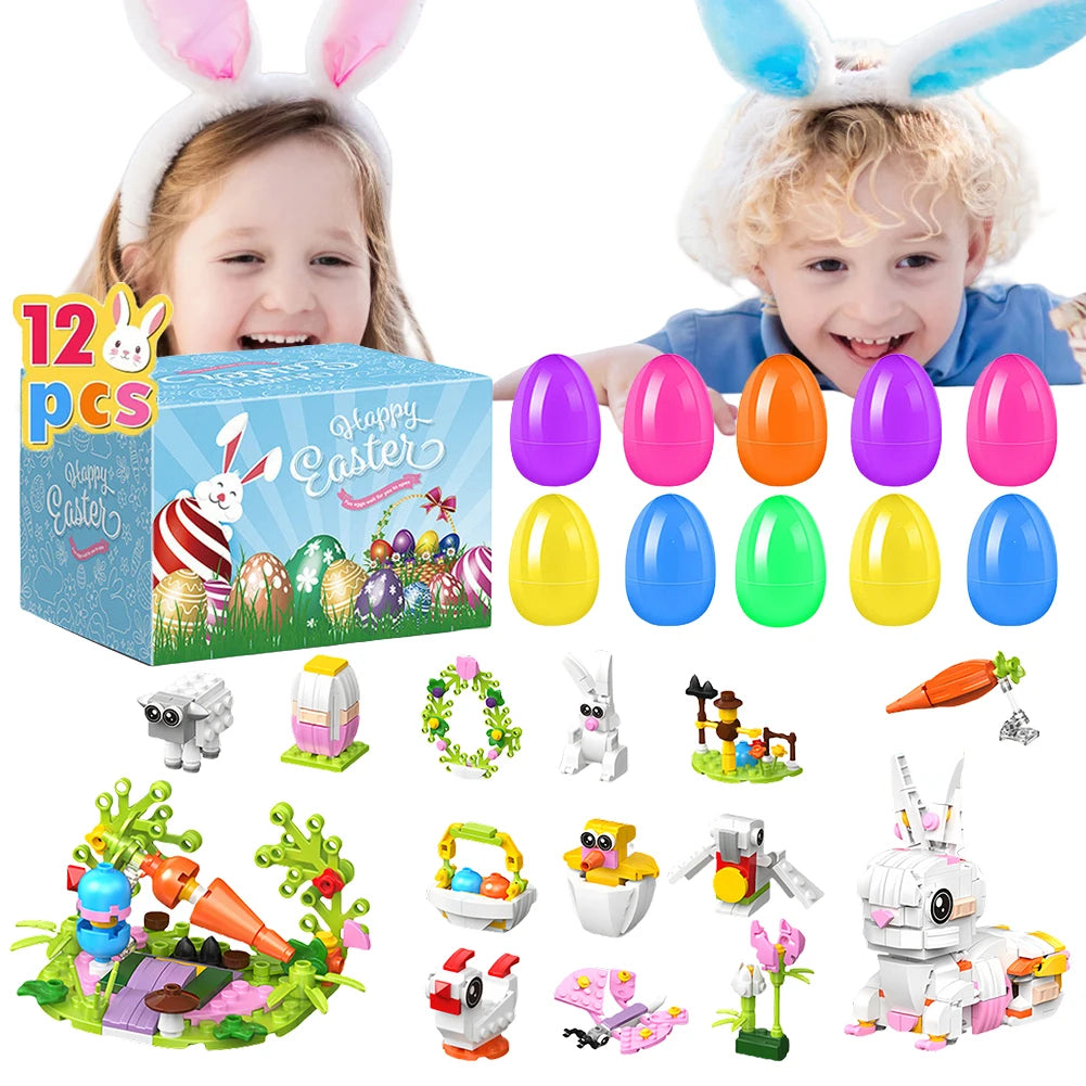 12-piece Easter blind box with surprise mini building block toys inside colourful eggs for kids&