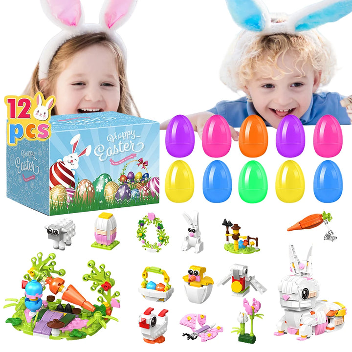 12-piece Easter blind box with surprise mini building block toys inside colourful eggs for kids&