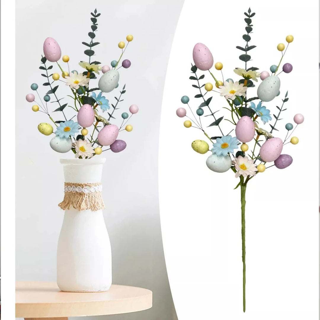Two Easter egg floral pick stems with pastel eggs, daisies and berries for festive arrangements and decor