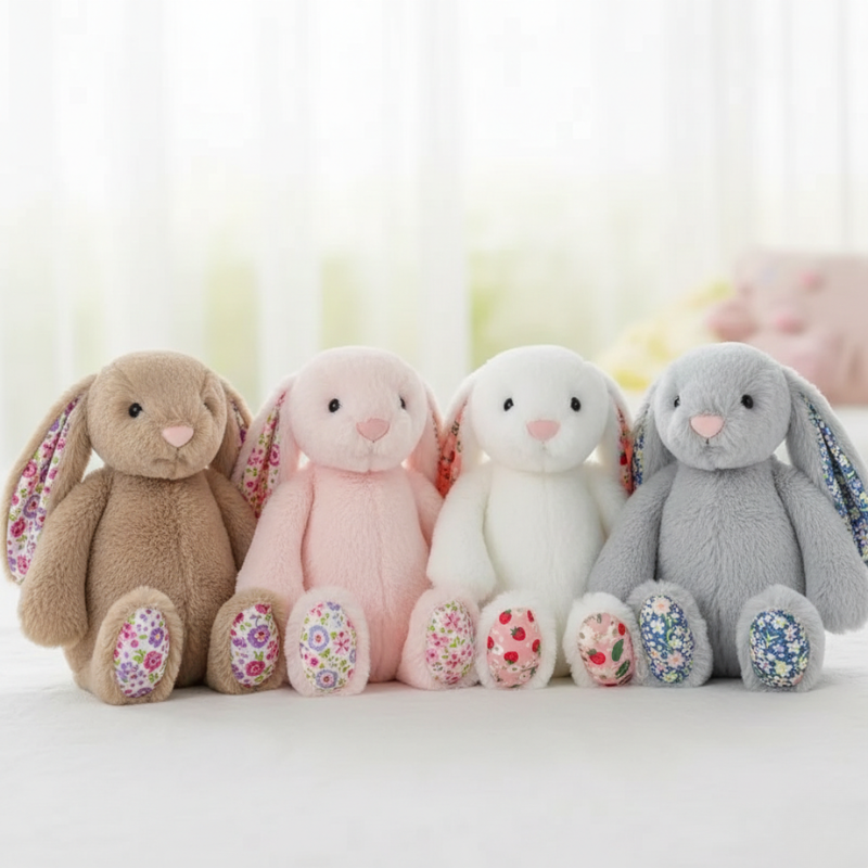 Soft plush bunny rabbit with floral ears and matching paw pads, an elegant cuddly gift for kids and nurseries