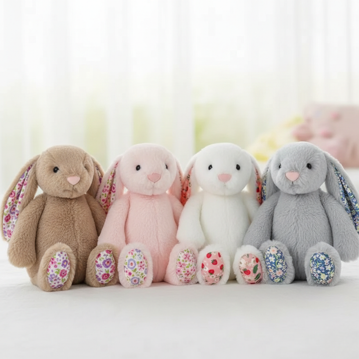 Soft plush bunny rabbit with floral ears and matching paw pads, an elegant cuddly gift for kids and nurseries