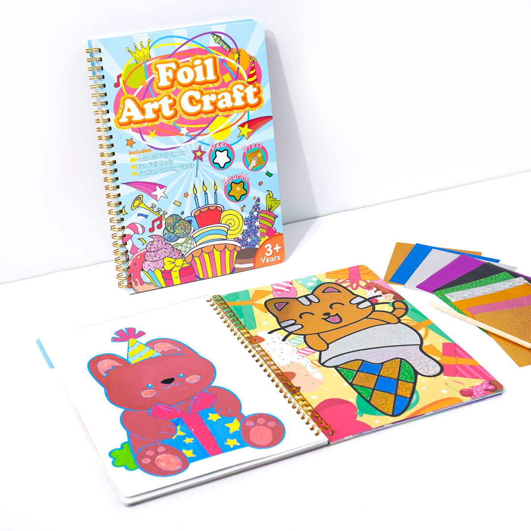 Birthday-themed foil art craft kit for kids creating sparkly foil pictures in a fun creative activity