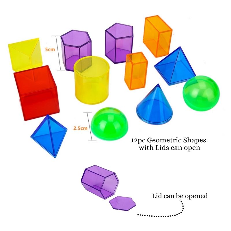 Geometric shapes bucket set with twelve lidded shapes for kids exploring shapes, sorting and storage play