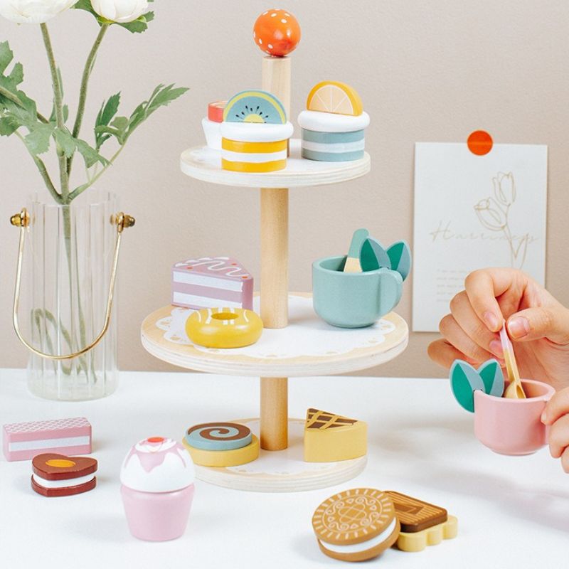 High tea pretend play set for children hosting imaginative tea parties with cups, teapot and treats