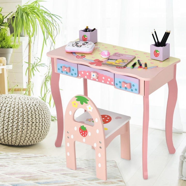 Kids Vanity Table and Chair Set – Wooden Makeup & Writing Desk