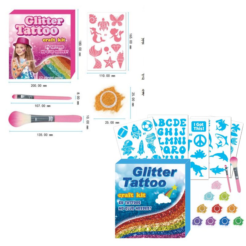 Kids DIY glitter tattoo party craft kit for creating sparkly temporary tattoos at parties and playdates