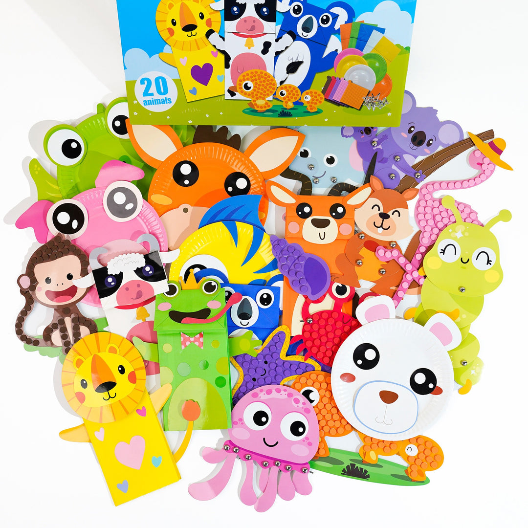 Kids paper craft kit with DIY animal creations for hands-on art, fine motor skills and creative play