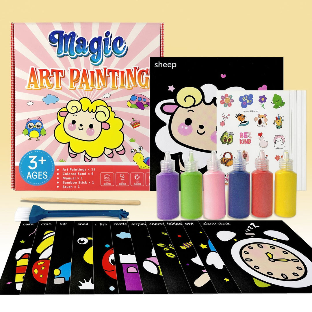 Kids sand art kit with colourful sand and creative cards for hands-on craft and fine motor fun
