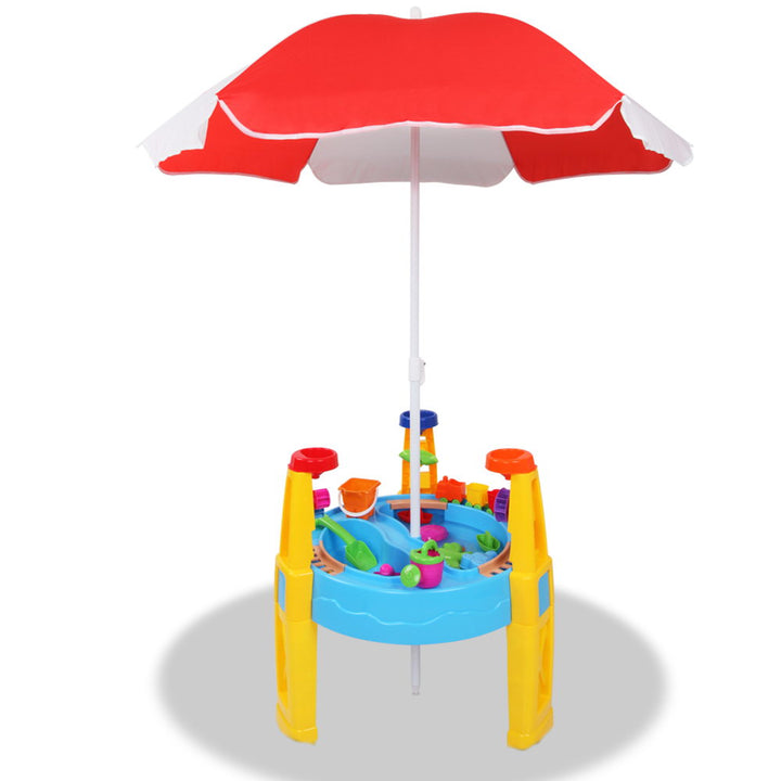Kids sand and water play table with umbrella and 26 accessories for outdoor scooping and pouring fun
