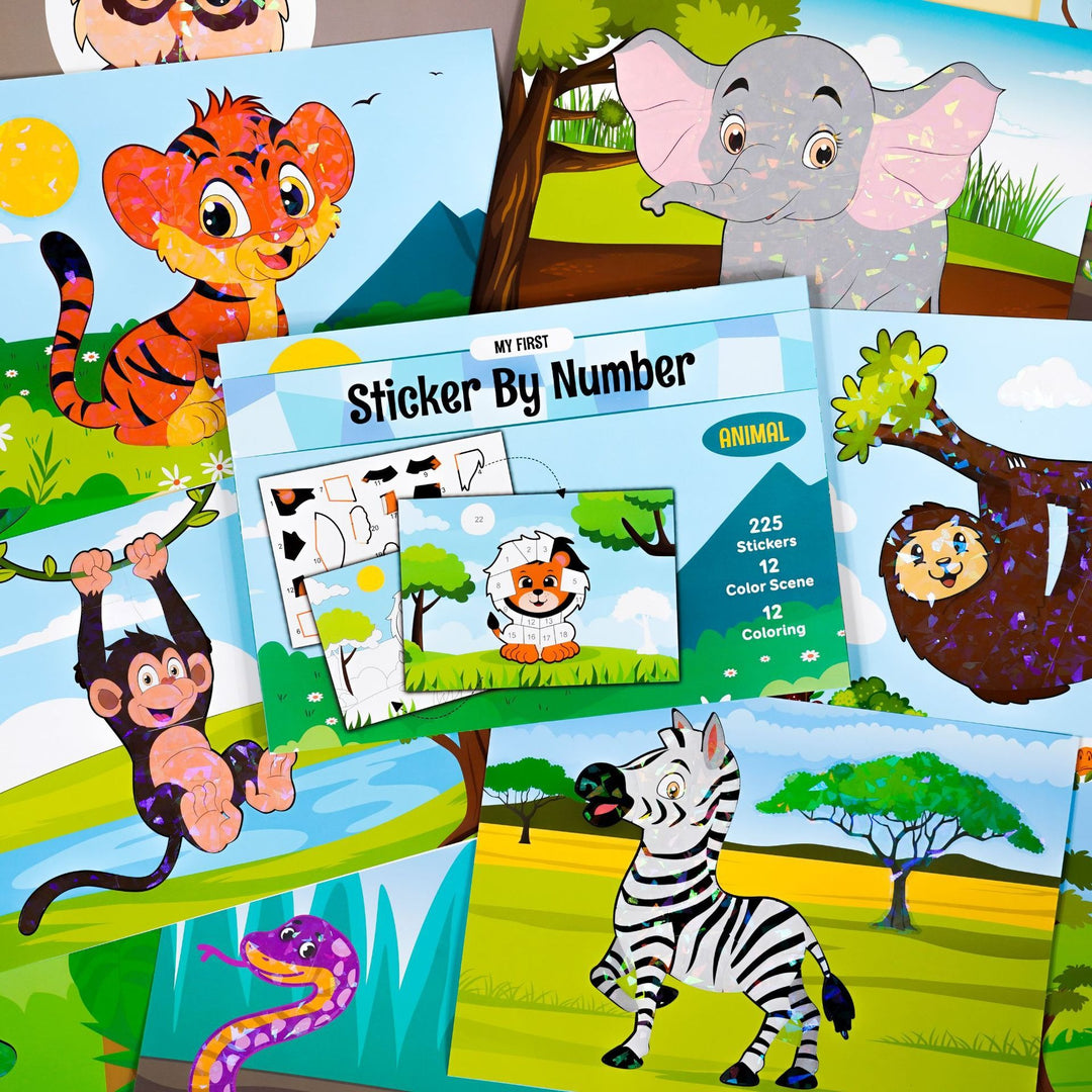 Kids sticker by number book with twelve animal collages for creative, screen-free art and craft fun