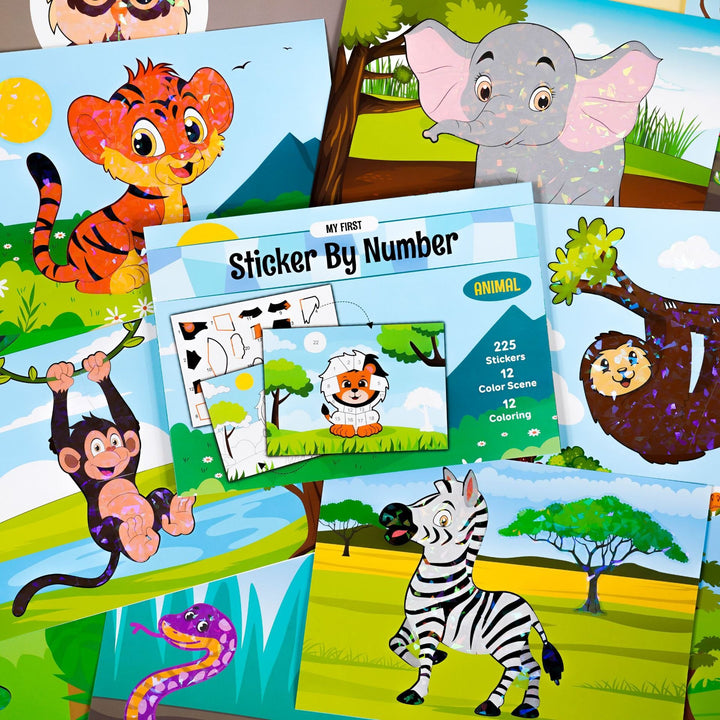 Kids sticker by number book with twelve animal collages for creative, screen-free art and craft fun
