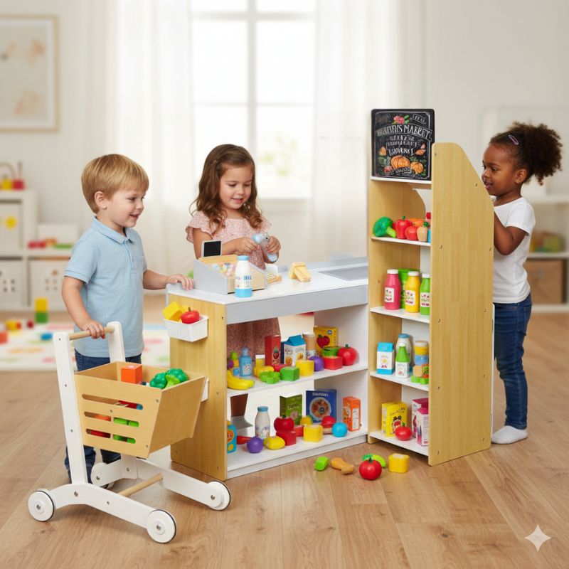 Kids wooden supermarket play set with shopping cart, scanner and register for pretend grocery store play