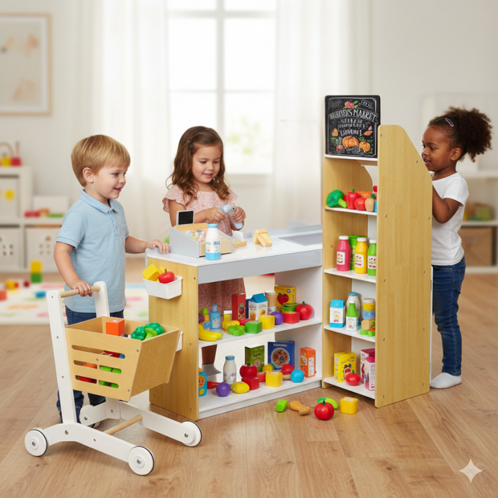 Kids wooden supermarket play set with shopping cart, scanner and register for pretend grocery store play