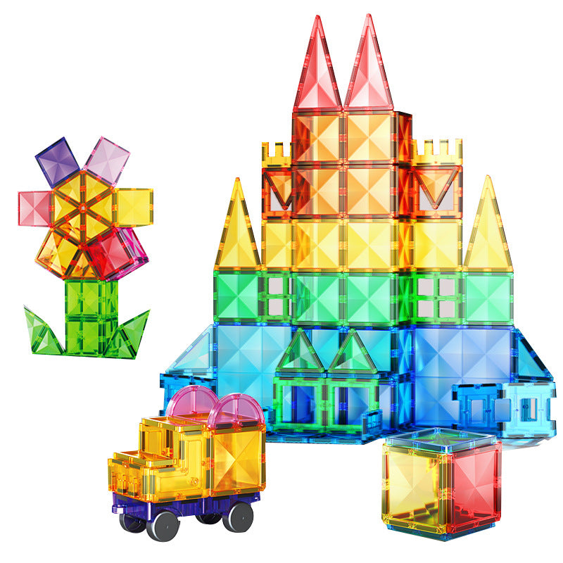 Magnetic tiles and marble run set in bright colours for kids building creative 3D structures and ball tracks