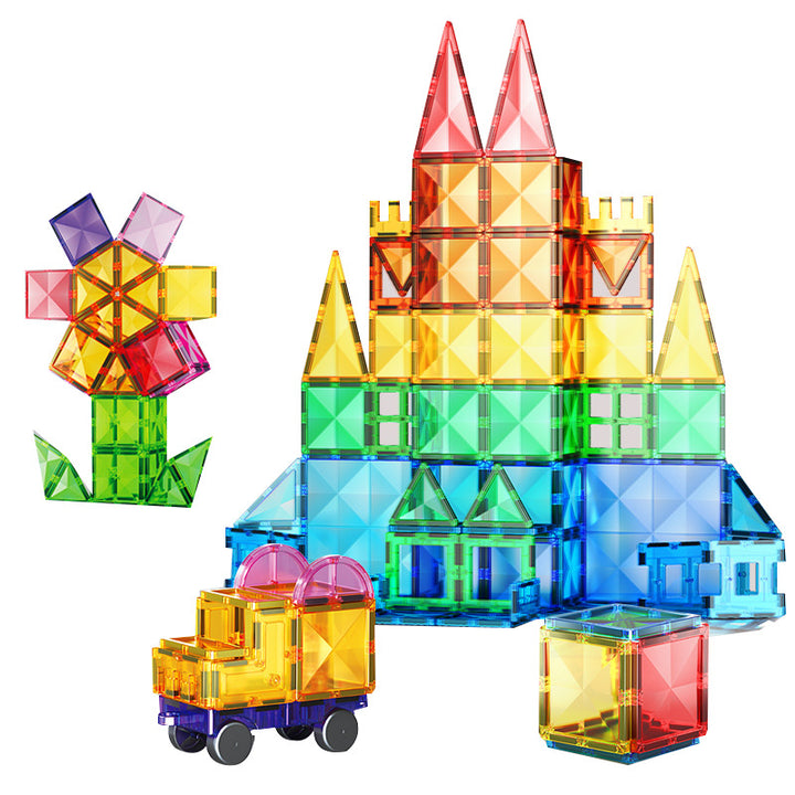 Magnetic tiles and marble run set in bright colours for kids building creative 3D structures and ball tracks