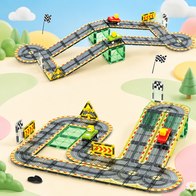 Magnetic Tiles Track & Car Set – 45Pc Buildable Road Playset