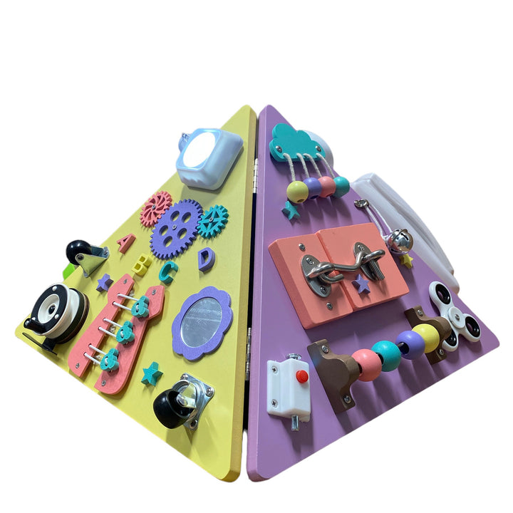 Montessori toddler busy board pyramid with four wooden activity panels, locks and fine motor toys for hands-on play