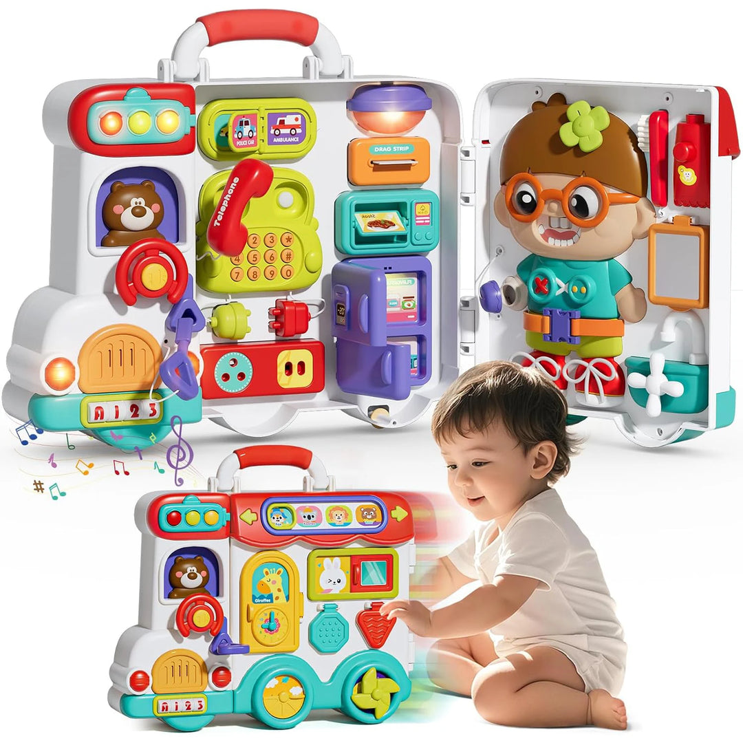 Montessori busy board suitcase toy for children with real-life skill activities in a portable folding design