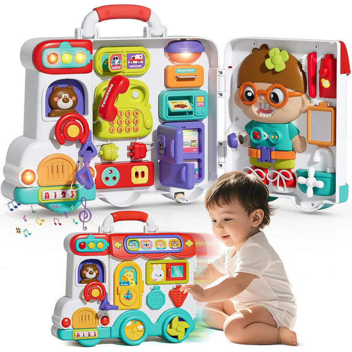 Montessori busy board suitcase toy for children with real-life skill activities in a portable folding design
