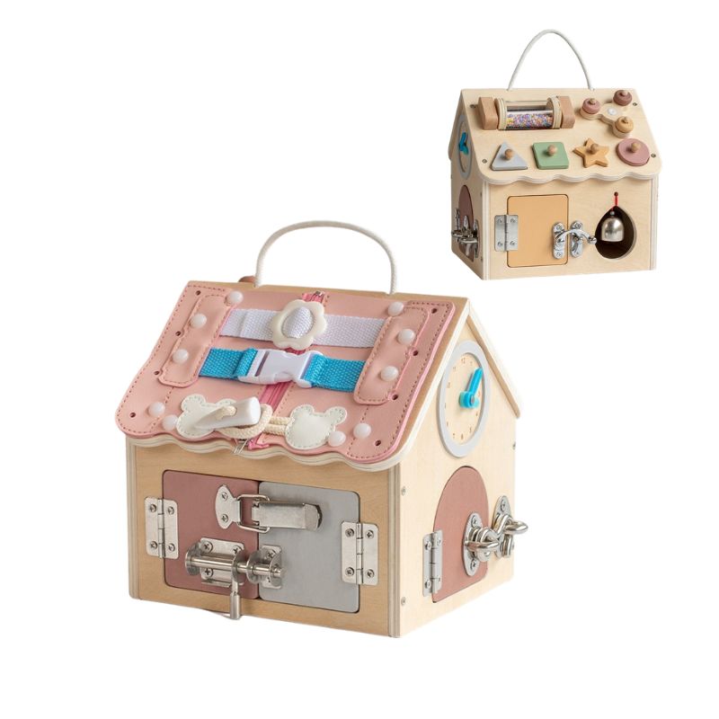 Wooden Montessori busy house with latches, buckles and gears for kids building fine motor skills through play