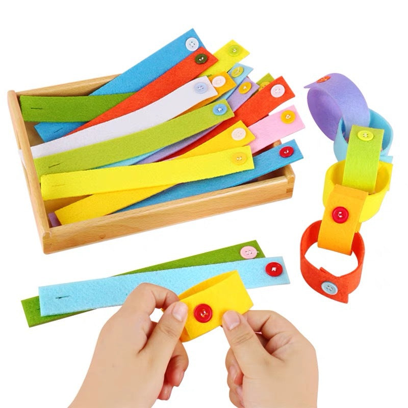 Montessori button-up felt activity with colourful strips for preschoolers practising buttoning and fine motor skills