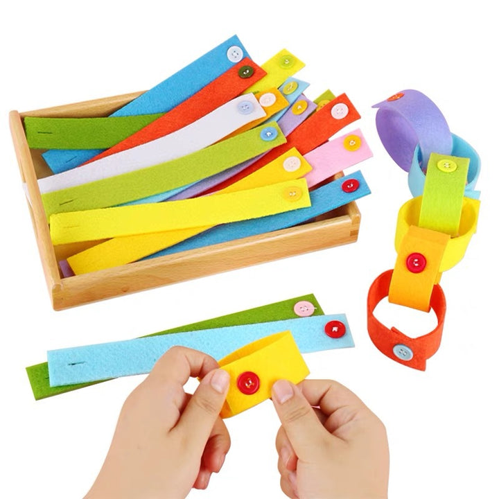Montessori button-up felt activity with colourful strips for preschoolers practising buttoning and fine motor skills