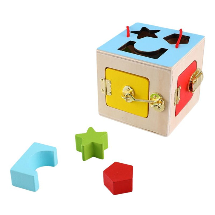 Montessori exploration lock box and shape sorter with four locks for children building fine motor skills