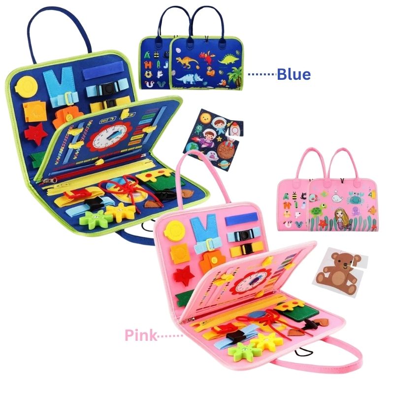 Montessori felt busy board travel toy for toddlers with zips, buckles and puzzles for fine motor play anywhere
