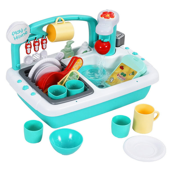 Montessori pretend kitchen sink playset with sensor tap and running water for hands-on washing-up play