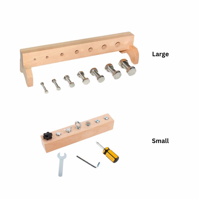 Montessori screw bar set with wooden screws and bolts for children practising precision and fine motor skills