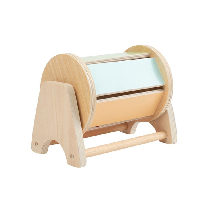 Montessori wooden spinning drum with soothing sounds for babies exploring touch, hearing and coordination