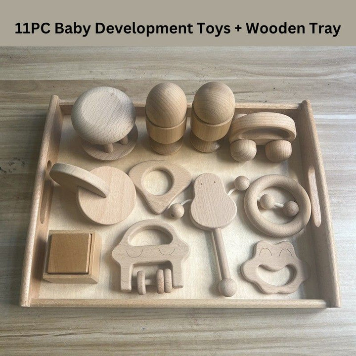 Montessori wooden toy set for babies with rattles and egg cup for early developmental sensory play