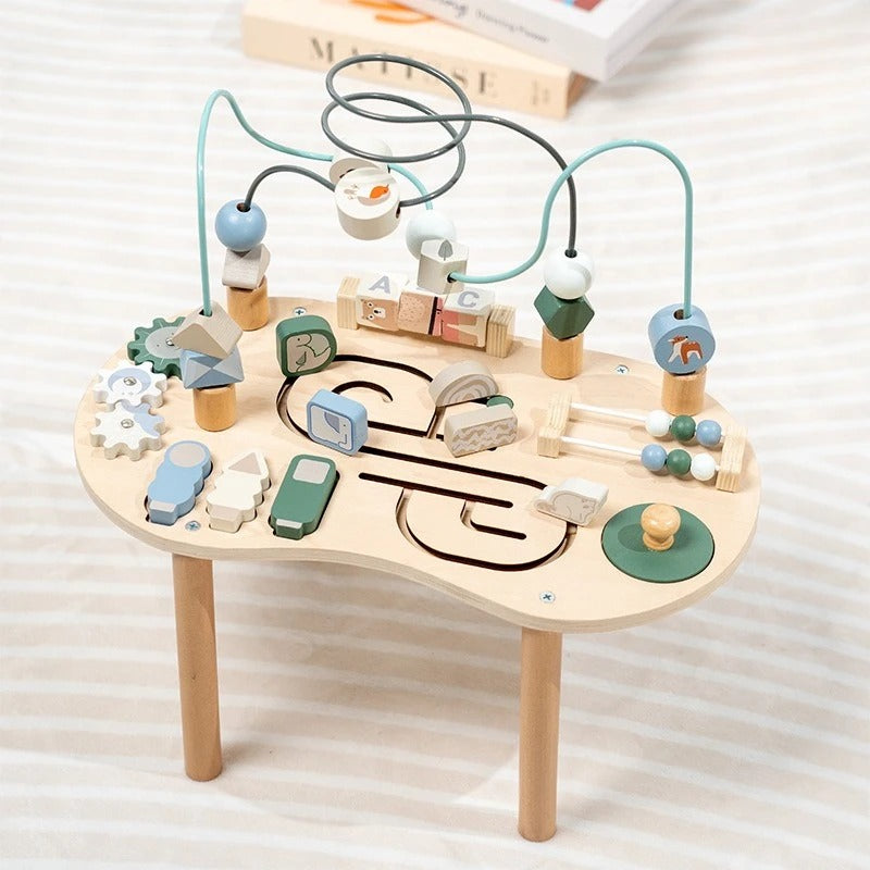 Wooden multi activity play table for toddlers with hands-on learning games for independent play and discovery