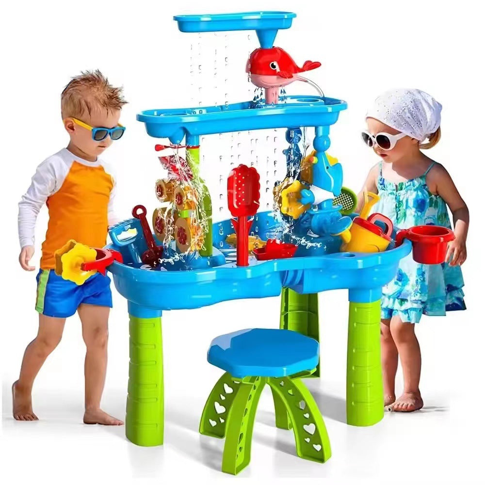 Multi-layer kids water play table with spinning elements for outdoor sensory and imaginative summer play
