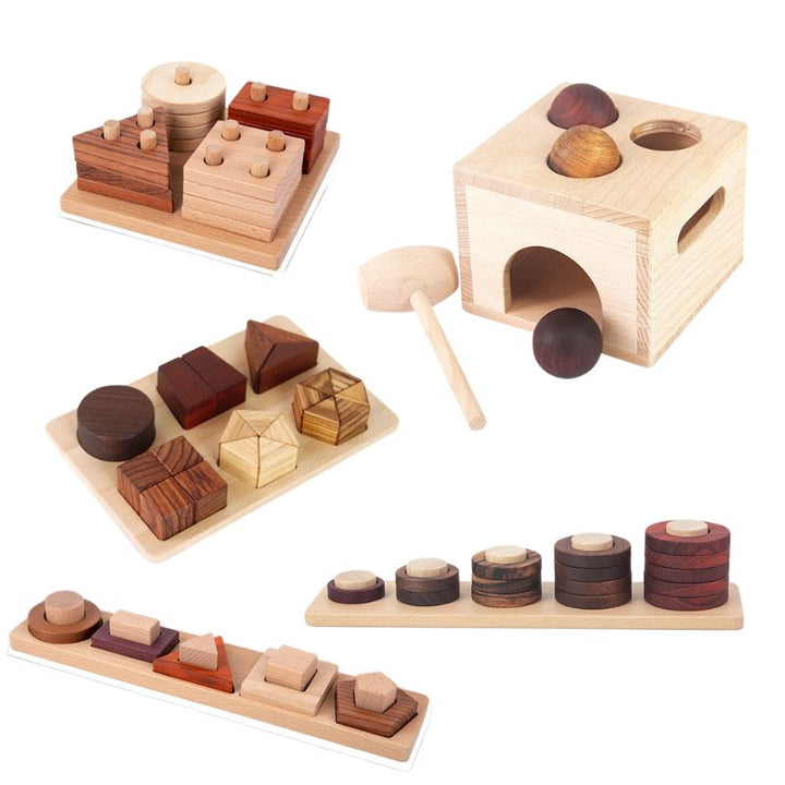 Premium natural wood educational toy set with shape sorter, stacking and hammer ball for toddler skill play