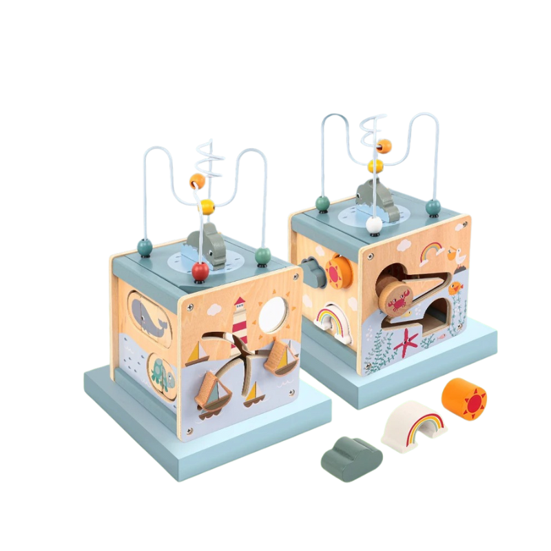 Ocean-themed 5-in-1 wooden activity cube for toddlers with bead maze and shape sorter for early learning play