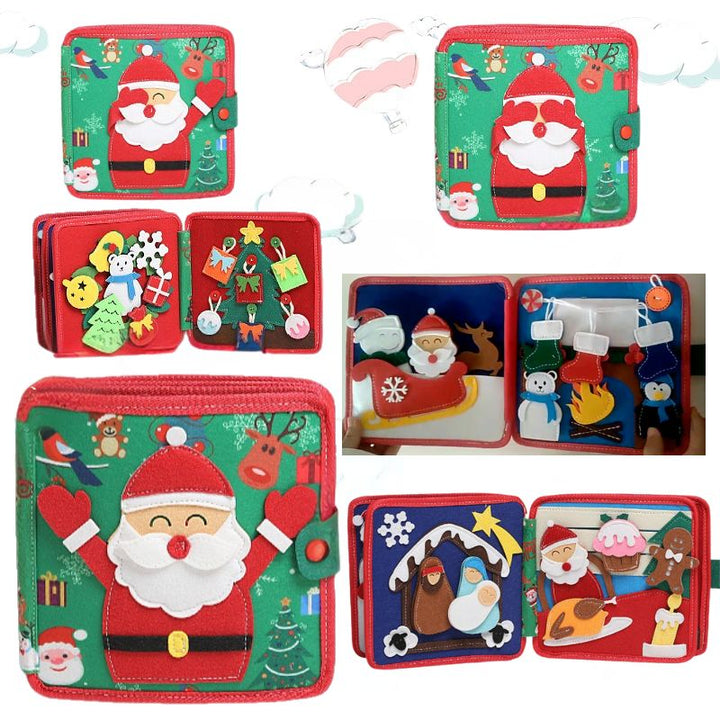Christmas felt quiet book for toddlers with festive interactive pages for quiet play and fine motor fun