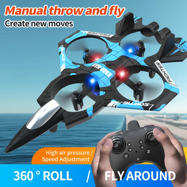 RC fighter jet quadcopter drone with LED lights and stunt flips for beginner pilots flying indoors or out