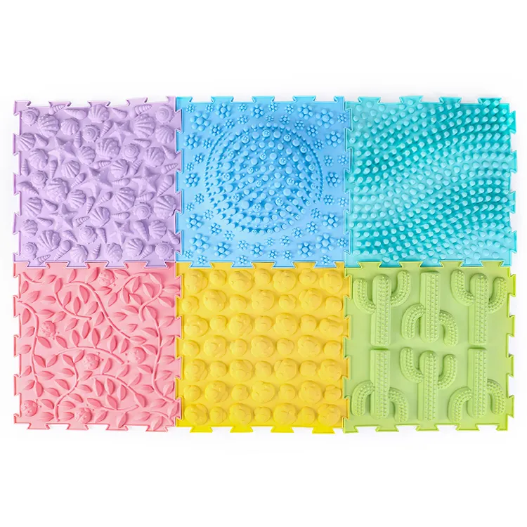 Six-piece interlocking reflexology sensory play tiles with textured surfaces for kids' balance and foot play