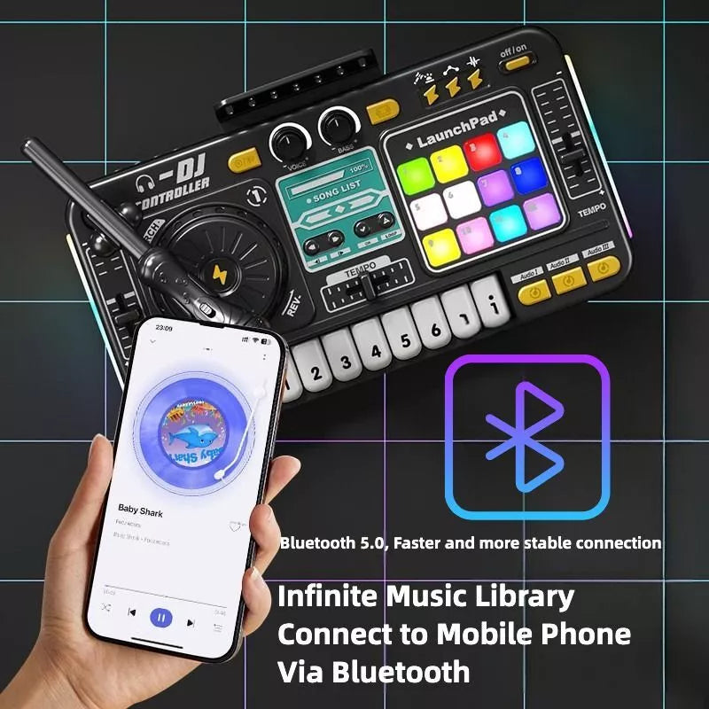 Kids DJ Mixer Music Toy Set with Microphone, Bluetooth, Launchpad, Keyboard & Light Effects – Electronic Music Mixing Table for Toddlers & Children