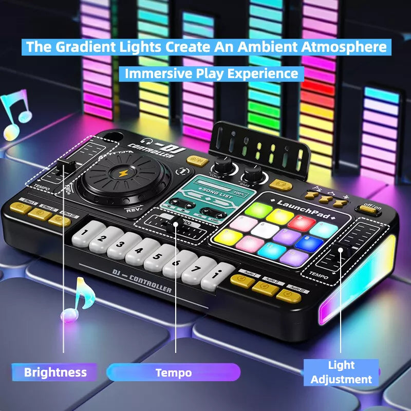 Kids DJ Mixer Music Toy Set with Microphone, Bluetooth, Launchpad, Keyboard & Light Effects – Electronic Music Mixing Table for Toddlers & Children