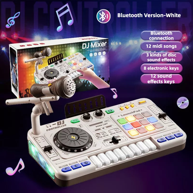 Kids DJ Mixer Music Toy Set with Microphone, Bluetooth, Launchpad, Keyboard & Light Effects – Electronic Music Mixing Table for Toddlers & Children