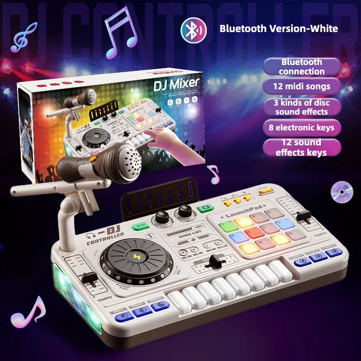 Kids DJ Mixer Music Toy Set with Microphone, Bluetooth, Launchpad, Keyboard & Light Effects – Electronic Music Mixing Table for Toddlers & Children