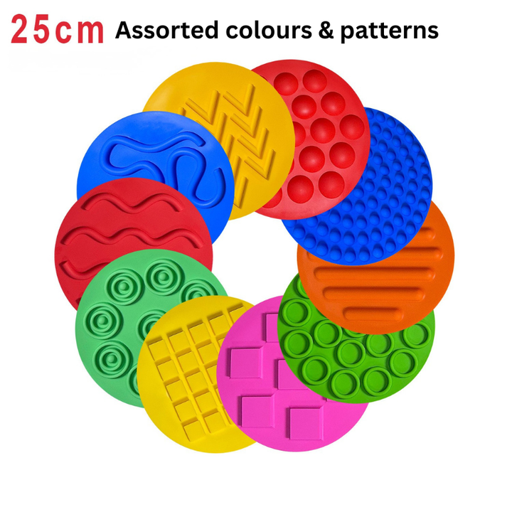 Ten-piece kids sensory tactile mat set with textured surfaces for balance, coordination and active play