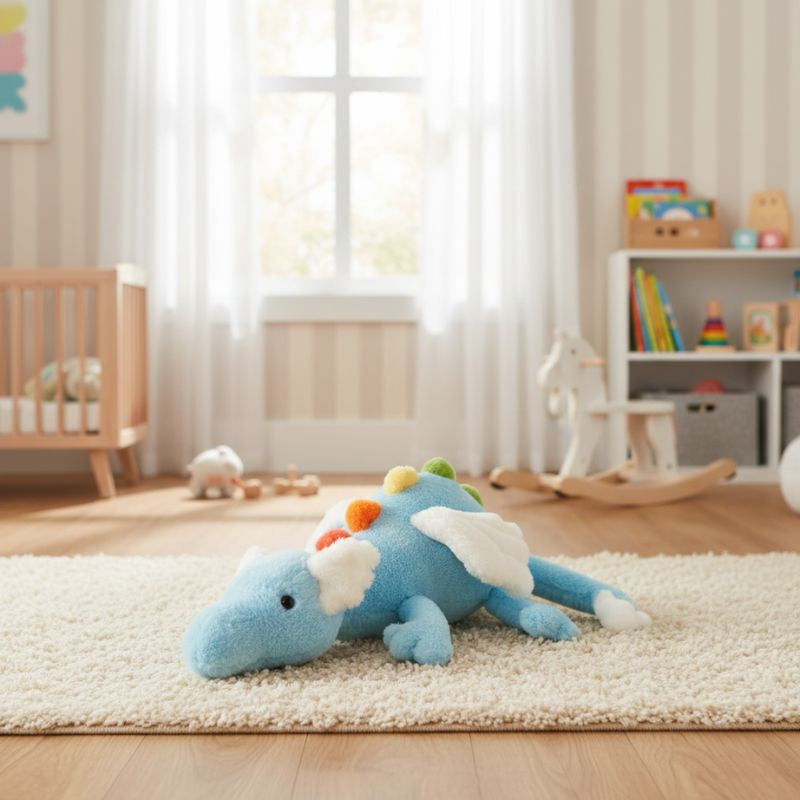 Soft dragon plush toy with fluffy wings and rainbow spikes, a magical cuddle buddy for kids and nurseries