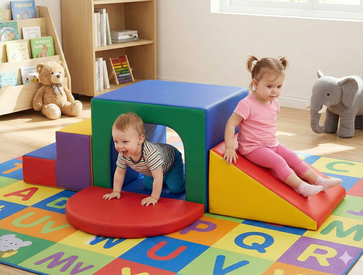Six-piece soft play gym set for babies and toddlers with foam shapes for crawling, climbing and balance